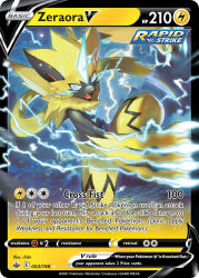 artist_name card_(medium) character_name chibi_(shimon) claws company_name copyright_name copyright_notice electricity english_text fangs gen_7_pokemon glowing glowing_claws glowing_eyes legendary_pokemon mythical_pokemon nintendo official_art open_mouth pokemon pokemon_(creature) pokemon_card pokemon_focus pokemon_tcg slashing third-party_source trading_card zeraora