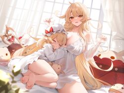 Rule 34 | 2girls, alice (genshin impact), alternate costume, blonde hair, breasts, closed eyes, commentary request, dodoco (genshin impact), elf, genshin impact, hat, highres, indoors, klee (genshin impact), large breasts, leaning on person, light particles, lingerie, long hair, mother and daughter, multiple girls, nahaki, nightcap, on bed, pajamas, pointy ears, red eyes, sleeping, underwear, wavy mouth, white chemise, white pajamas