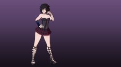 Rule 34 | 1girl, absurdres, bags under eyes, black hair, black lagoon, blue eyes, condom, dress, earrings, electrolarynx, female focus, frederica sawyer, goth fashion, hand on own hip, high heels, highres, jewelry, nail polish, petite, sandcasks, scar, short hair, skirt, smile, solo