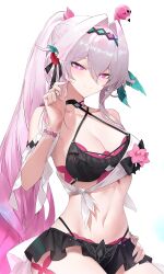 1girl absurdres baiser3rd bikini bikini_skirt breasts cleavage grey_hair hair_intakes highres honkai_(series) honkai_impact_3rd large_breasts long_hair multicolored_hair navel official_alternate_costume pink_eyes pink_hair simple_background smile solo stomach swimsuit thelema_nutriscu two-tone_hair very_long_hair white_background