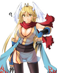 1girl ? antenna_hair black_sash black_thighhighs blonde_hair blue_dress blush breasts cleavage closed_mouth commentary_request covered_erect_nipples cowboy_shot dagger dress feathered_wings head_wings holding holding_dagger holding_knife holding_weapon kaminagi_(kaminagi-tei) knife kunai large_breasts long_hair looking_at_viewer ninja ninja_(ragnarok_online) no_panties obi pointy_ears ragnarok_online red_scarf sash scarf see-through_clothes see-through_dress short_dress simple_background sleeveless sleeveless_dress smile solo thighhighs torn_clothes torn_scarf vambraces very_long_hair weapon white_background white_wings wings yellow_eyes