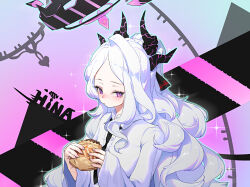 1girl ahoge black_halo blue_archive blush demon_girl demon_horns forehead halo highres hina_(blue_archive) horns long_hair looking_at_viewer necktie purple_eyes shirt solo upper_body white_hair white_shirt wings wucai_banlan_yu
