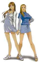 2girls bare_legs blue_eyes blush brown_eyes brown_hair buttons casual dress earrings feet front-tie_top hair_intakes hair_over_shoulder holding_hands initial_d jewelry legs light_brown_hair lips long_hair long_sleeves looking_at_viewer miniskirt multiple_girls no_socks open_clothes open_shirt parted_bangs pencil_skirt sandals satou_mako sayuki sayuki_(initial_d) shadow shirt shoes short_dress side_slit sidelocks simple_background skirt sneakers standing swept_bangs toes turtleneck unbuttoned wavy_hair white_background