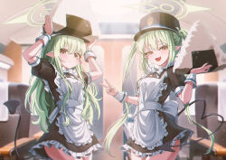 2girls absurdres alternate_costume apron black_dress black_hat blue_archive blush closed_mouth demon_girl demon_tail dress fang food green_hair hair_between_eyes hat highres hikari_(blue_archive) holding holding_food long_hair maid maid_apron multiple_girls nozomi_(blue_archive) onigiri open_mouth peaked_cap pointy_ears ryon_y0421 sidelocks skin_fang tail twintails v white_apron yellow_eyes