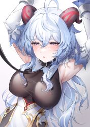 1girl ahoge animal_collar arms_up black_collar blue_hair blush bodystocking breasts collar detached_sleeves erbium ganyu_(genshin_impact) genshin_impact goat_horns half-closed_eyes highres horns large_breasts leash long_hair long_sidelocks open_mouth purple_eyes sidelocks simple_background solo tears tears_from_one_eye upper_body viewer_holding_leash white_background white_sleeves