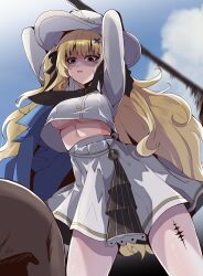 1girl 1other absurdres blonde_hair blue_sky breasts commentary cowboy_shot day hair_ornament hat high-waist_skirt highres holding holding_staff large_breasts long_hair long_sleeves looking_at_another outdoors pantyhose parted_lips partially_shaded_face phoebe_(wuthering_waves) purple_eyes shirt singwee skirt sky solo_focus staff tacet_mark_(wuthering_waves) underboob v-shaped_eyebrows very_long_hair white_hat white_pantyhose white_shirt white_skirt wuthering_waves x_hair_ornament