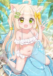 1girl ahoge animal_ear_fluff animal_ears artist_name barefoot bikini blonde_hair blurry blush bow cat_ears cat_girl depth_of_field detached_sleeves fish_hair_ornament frilled_bikini frills from_above green_eyes hair_bow hair_ornament hairpin hazakura_hinata heterochromia highres inflatable_dolphin inflatable_toy kurumi_(hazakura_hinata) long_hair navel open_mouth original partially_submerged sidelocks signature smile solo straddling swimsuit translucent v white_bikini yellow_bow yellow_eyes