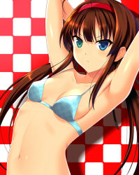 10s 1girl ahoge arms_up bikini blue_eyes blush breasts brown_hair female_focus green_eyes hairband heterochromia kyoku_tou long_hair navel ryoubi_(senran_kagura) senran_kagura senran_kagura_shinovi_versus small_breasts solo swimsuit twintails