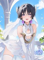 1boy black_hair blue_flower blue_rose blunt_ends chobonu crossdressing dress earrings flower genshin_impact hair_between_eyes highres jewelry male_focus purple_eyes rose scaramouche_(genshin_impact) short_hair solo thighhighs tongue tongue_out trap veil wanderer_(genshin_impact) white_dress white_sleeves white_thighhighs white_veil
