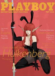 Rule 34 | 1girl, blue eyes, character name, cover, haurmeya, highres, holding, holding polearm, holding weapon, hulkenberg (metaphor: refantazio), lance, leotard, long hair, long pointy ears, magazine cover, metaphor: refantazio, playboy bunny, pointy ears, polearm, red hair, solo, weapon