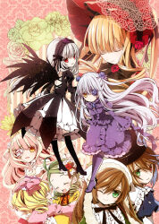 6+girls ;) ^_^ ahoge back_cutout barasuishou black_dress black_wings blonde_hair bonnet boots bow brown_hair closed_eyes closed_mouth clothing_cutout commentary dress drill_hair flower flower_over_eye frilled_dress frilled_sleeves frills gothic_lolita green_eyes green_hair grey_hair hair_bow hair_flower hair_ornament hand_on_own_chest headscarf heterochromia high_heel_boots high_heels highres hinaichigo kanaria kirakishou layered_dress lolita_fashion long_hair long_sleeves looking_at_viewer moru multiple_girls one_eye_closed orange_eyes parted_lips pink_bow purple_boots purple_dress red_bonnet red_eyes red_flower red_rose rose rozen_maiden shinku smile souseiseki suigintou suiseiseki thigh_boots very_long_hair white_flower white_headscarf wings