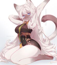 1girl animal_ears arms_up black_bodysuit bodysuit breasts cat cat_ears cat_tail covered_navel full_body furry furry_female highres kawarage_yatano long_hair looking_at_viewer medium_breasts open_mouth original pawpads simple_background solo tail thighs white_background white_fur white_hair