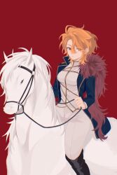 Rule 34 | 1girl, black coat, black shoes, blonde hair, closed mouth, coat, don quixote (project moon), feather boa, gold trim, highres, horse, horseback riding, lapels, limbus company, long sleeves, looking at viewer, pants, parted bangs, project moon, red background, red eyes, riding, sancho (project moon), shirt, shoes, short hair, simple background, sitting, solo, ss0 520, upper body, white horse, white pants, white shirt