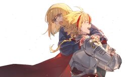 Rule 34 | 1boy, 1girl, ahoge, armor, black-framed eyewear, black pantyhose, blonde hair, blue eyes, blue sweater, braid, braided ponytail, cape, carrying, carrying person, closed eyes, command spell, fate/strange fake, fate (series), from side, glasses, grey skirt, hand on another&#039;s shoulder, highres, long hair, long sleeves, looking at another, machikokom43502, multicolored hair, open mouth, pantyhose, pleated skirt, profile, red cape, red hair, richard i (fate), sajou ayaka (fate/strange fake), semi-rimless eyewear, short hair, side cape, simple background, single braid, skirt, smile, streaked hair, sweat, sweater, teeth, upper teeth only, white background