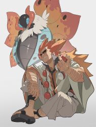 Rule 34 | 1boy, alder (pokemon), arm hair, arm on knee, black sandals, cloak, commentary, compound eyes, crossed ankles, daniel deng, facial hair, film grain, gen 5 pokemon, goatee stubble, gradient background, grin, highres, holding, holding poke ball, jewelry, leg hair, long hair, looking at viewer, low ponytail, male focus, mature male, multicolored hair, necklace, nintendo, orange hair, orange wings, pants, poke ball, poke ball (basic), pokemon, pokemon (creature), pokemon bw, poncho, ponytail, popped collar, red hair, sandals, sitting, smile, sparse arm hair, sparse leg hair, spiked hair, stubble, thick eyebrows, two-tone hair, volcarona, white background, white cloak, white fur, white pants, wings
