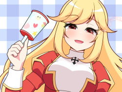 1girl blonde_hair blue_background blush breasts commentary_request dress eye_trail gingham_background high_priest_(ragnarok_online) highres holding holding_rattle impossible_clothes impossible_dress juliet_sleeves light_trail long_hair long_sleeves looking_at_viewer margaretha_sorin ochindori open_mouth puffy_sleeves ragnarok_online rattle red_dress red_eyes red_lightning smile solo swept_bangs two-tone_dress upper_body white_dress