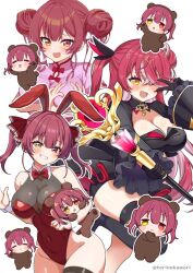 Rule 34 | 1girl, animal costume, animal ears, bare shoulders, bear costume, blush, breasts, chibi, china dress, chinese clothes, cleavage, dress, gloves, hair bun, heterochromia, hololive, houshou kumarine, houshou marine, large breasts, leotard, long hair, looking at viewer, multiple views, official alternate costume, open mouth, playboy bunny, red eyes, red hair, simple background, smile, torinokawori, twintails, virtual youtuber, white background, yellow eyes