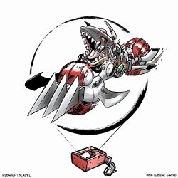 digimon digimon_(creature) highres horns machmon motor_vehicle motorcycle open_mouth solo v-pet wheel