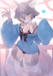 1girl 3gs animal_ear_fluff animal_ears animal_nose arm_up bare_shoulders bikini bikini_under_clothes black_bikini black_bow blue_eyes blurry blurry_background blush body_fur borrowed_character bow breasts cameltoe collarbone female_focus fox_ears fox_girl fox_tail furry furry_female glasses grey_fur grey_hair grin hair_flaps half-closed_eyes hand_up happy heart highres long_sleeves looking_at_viewer no_pants original oversized_clothes pince-nez round_eyewear shiny_skin short_hair side-tie_bikini_bottom sidelocks sleeves_past_fingers sleeves_past_wrists small_breasts smile solo spoken_heart strap_slip string_bikini swimsuit tail teeth thick_thighs thighhighs thighs two-tone_fur v-shaped_eyebrows white_fur white_thighhighs wide_hips wide_sleeves