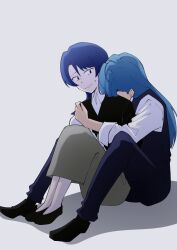 Rule 34 | 2girls, ado (utaite), ahoge, atashi wa mondaisaku, black sweater, blue hair, blue pants, blue vest, brown skirt, commentary request, highres, hug, hug from behind, long hair, merry (ado), multiple girls, nori (norinori yrl), pants, readymade (ado), shirt, simple background, sitting, skirt, sweater, tanaka keiko (ado), vest, white background, white shirt