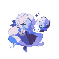 1boy 1girl blue_dress blue_skin child colored_skin cookie_run cookie_run:_kingdom dress evil_grin evil_smile grin heterochromia long_hair reed shadow_milk_cookie shadow_milk_cookie_(female) slit_pupils smile very_long_hair white_hair