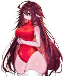 1girl ahoge bare_arms breasts brown_hair closed_mouth cowboy_shot empty_eyes friday_night_funkin&#039; girlfriend_(friday_night_funkin&#039;) highres large_breasts leotard long_hair pointy_ears red_eyes red_leotard simple_background solo standing thighhighs usa37107692 very_long_hair white_background white_thighhighs