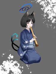 1girl alternate_costume animal_ear_fluff animal_ears black_eyes black_hair blue_archive blue_kimono blue_sash blush cat_ears cat_girl cat_tail floral_print flute highres holding holding_flute holding_instrument instrument japanese_clothes kikyou_(blue_archive) kimono kuinanoda multiple_tails music obi parted_bangs playing_instrument sash seiza short_hair sitting solo tail two_tails