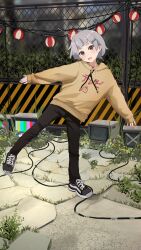 Rule 34 | 1girl, :d, antennae, artist name, balancing, black pants, black shoes, blunt bangs, blurry, blurry background, blush, bob cut, brown eyes, bush, cable, chain-link fence, clothes writing, commentary, crt, fence, flower, foliage, foot up, full body, grey hair, hair ornament, hairclip, head tilt, highres, hood, hood down, hoodie, katya (servachok), lantern, long sleeves, looking at viewer, open mouth, original, outdoors, outstretched arms, pants, paper lantern, rabbit ears antenna, radio antenna, russian commentary, servachok, shoes, short eyebrows, short hair, sign, sleeves past wrists, smile, sneakers, solo, standing, standing on one leg, stone floor, string of light bulbs, television, test card, thick eyebrows, translated, very short hair, warning sign, weeds, yellow flower, yellow hoodie
