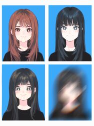 Rule 34 | 3girls, :3, black eyes, black hair, black shirt, brown eyes, brown hair, closed mouth, commentary request, ear piercing, girls band cry, highres, long hair, motion blur, multicolored hair, multiple girls, piercing, real life, rina (voice actor), roots (hair), shirt, shuri (voice actor), sworgun, voice actor, voice actor connection, yuri (voice actor)