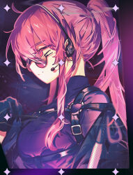 1girl absurdres black_background black_gloves black_sweater checkered_background closed_mouth commentary_request glasses gloves halftone happy_tree_friends headset high_ponytail highres long_hair looking_ahead mole mole_above_mouth o-ring omoyu_(nakyu715) personification pink_eyes pink_hair ponytail profile round_eyewear sidelocks simple_background solo sparkle sweater the_mole_(happy_tree_friends) turtleneck turtleneck_sweater