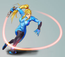 1girl blonde_hair blue_eyes bouzu_oyaji breasts covered_erect_nipples directed-energy_weapon energy energy_gun energy_weapon energy_whip female_focus full_body gradient_background gun handgun highres long_hair metroid nintendo paralyzer pistol ponytail samus_aran skin_tight solo weapon whip zero_suit