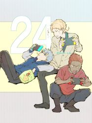 3boys black_boots black_shirt black_shoes blonde_hair blue_eyes blue_hair blue_hoodie boots brown_jacket chips_(food) collared_shirt couch crossed_legs dark-skinned_male dark_skin episode_number facepaint facial_mark food handheld_game_console highres holding holding_handheld_game_console hood hoodie jacket khun_hachuling lap_pillow lero_ro long_sleeves looking_at_another lying multiple_boys nintendo_switch on_couch open_mouth playing_games potato_chips quant_blitz red_hair red_shirt shirt shoes short_hair simple_background sitting spiked_hair sweat tanino_miho teeth tower_of_god twitter_username two-tone_background