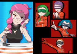 5girls aliana_(pokemon) asatsuki_(fgfff) bryony_(pokemon) celosia_(pokemon) clenched_hand closed_mouth commentary_request eyelashes glasses gloves green_hair green_necktie hands_up head_tilt jacket long_hair mable_(pokemon) malva_(pokemon) multiple_girls necktie nintendo orange_eyes orange_gloves orange_jacket outstretched_arm pink_hair pointing pokemon pokemon_xy scarf shirt sleeveless sleeveless_shirt smile team_flare team_flare_uniform