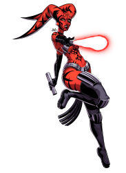 1girl alien artist_request black_gloves breasts brown_background chest_tattoo cleavage clenched_teeth colored_skin curvy darth_talon elbow_gloves energy_sword facial_tattoo full_body gloves highres holding holding_sword holding_weapon jumping lekku_(anatomy) lightsaber looking_at_viewer no_humans pelvic_curtain pointing pointing_at_viewer red_eyes red_lightsaber red_skin revealing_clothes serious shoulder_tattoo simple_background star_wars sword tattoo teeth twi&#039;lek weapon white_background wide_hips