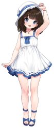 Rule 34 | 1girl, :d, arm up, armpits, black hair, blue eyes, blue nails, breasts, brown hair, collarbone, commentary, comodox, dress, english commentary, faeryn (comodox), full body, hat, highres, long hair, looking at viewer, medium hair, nail polish, open mouth, original, paid reward available, sandals, short dress, simple background, small breasts, smile, solo, standing, star pendant, sundress, tachi-e, toenail polish, toenails, toes, white background, white dress, white hat