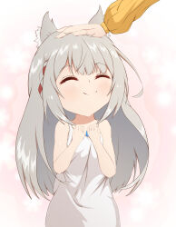 2girls aged_down animal_ear_fluff animal_ears arms_up blush cat_ears cat_girl child closed_eyes closed_mouth dress grey_hair happy headpat highres long_hair mio_(xenoblade) multiple_girls nia_(xenoblade) rirusu smile solo_focus white_dress xenoblade_chronicles_(series) xenoblade_chronicles_2 xenoblade_chronicles_3