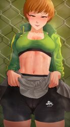 1girl absurdres bike_shorts blush breasts brown_eyes brown_hair commentary english_commentary fence green_background green_jacket half-closed_eyes highres jacket lawfulhart light_smile looking_at_viewer medium_breasts navel open_clothes open_jacket parted_lips persona persona_4 satonaka_chie short_hair signature solo sports_bra stomach sweat track_jacket