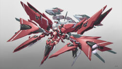 Rule 34 | 1girl, absurdres, blue eyes, boots, breasts, cleavage, flying, full body, gradient background, grey background, highres, joints, leotard, long hair, looking at viewer, mecha musume, mechanical arms, mechanical legs, mechanical wings, medium breasts, original, ponytail, red leotard, red theme, solo, thigh boots, thrusters, weapon, white hair, wings, xsk (ruanmumu)