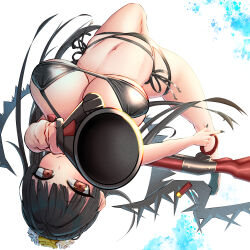 1girl absurdres aiming aiming_at_viewer bikini black_bikini black_hair black_nails black_wings blue_archive breasts dual_wielding flower gun hair_flower hair_ornament highres holding large_breasts looking_at_viewer navel official_alternate_costume okayusonmu red_eyes shotgun shotgun_shell solo swimsuit tsurugi_(blue_archive) tsurugi_(swimsuit)_(blue_archive) weapon white_flower wings yellow_flower