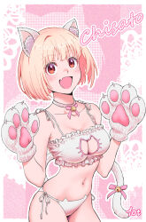 Rule 34 | 10ttruck, 1girl, animal ears, animal hands, bell, blonde hair, blush, breasts, cat ear panties, cat ears, cat lingerie, cat tail, choker, cleavage, commentary, fake animal ears, fake tail, fang, gloves, highres, large breasts, lycoris recoil, meme attire, neck bell, nishikigi chisato, open mouth, panties, paw gloves, red eyes, short hair, skin fang, solo, tail, underwear, underwear only, white choker, white panties