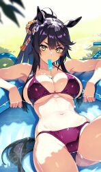 1girl animal_ears bandaid bandaid_on_face bandaid_on_nose bikini black_hair bow breasts cleavage ear_bow ear_ornament food food_in_mouth highres horse_ears horse_girl horse_tail hose large_breasts long_hair mouth_hold narita_brian_(umamusume) partially_submerged ponytail popsicle popsicle_in_mouth purple_bikini reibun_(raven1119) rope shimenawa solo swimsuit tail umamusume wading_pool water yellow_eyes