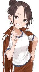 Rule 34 | 1girl, absurdres, blush, brown eyes, brown hair, clenched teeth, commentary request, gym uniform, hair bun, highres, jacket, jacket on shoulders, looking at viewer, manemane nichinichi, nagisa akane, shirt, simple background, single hair bun, smile, solo, teeth, v, white background, white shirt, yamamoto souichirou
