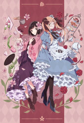 2girls absurdres apron argyle_background axis_powers_hetalia back_bow black-framed_eyewear black_bow black_bowtie black_eyes black_hair black_pantyhose black_tea blue_dress blue_shoes blush boots border bow bowtie brown_boots brown_bow cake cake_slice cherry_blossoms chopsticks closed_mouth commentary_request cup dango dress floating_clothes floating_hair floral_print flower food fork frills fruit full_body genderswap genderswap_(mtf) glasses green_eyes green_tea hair_bow hair_flower hair_ornament hairclip hands_up hat high_heels highres holding holding_cup holding_tray icing japan_(female)_(hetalia) japan_(hetalia) japanese_clothes juliet_sleeves kettle kimono long_hair long_sleeves looking_at_another macaron mini_hat multiple_girls one_eye_closed outside_border pantyhose pastry petals pink_border pink_bow pink_flower pink_kimono pouring puffy_sleeves purple_bow purple_skirt red_background red_flower red_rose rose round_eyewear sheer_candy shoes short_hair skirt smile spoon standing strawberry tea tray twintails united_kingdom_(female)_(hetalia) united_kingdom_(hetalia) wagashi white_apron white_bow white_hat wide_sleeves x_hair_ornament