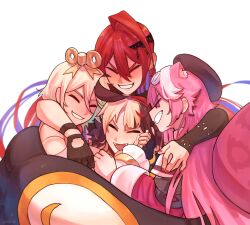 4girls absurdres ahoge animal_ears blush brown_hair cecilia_immergreen doll_joints elizabeth_rose_bloodflame gigi_murin green_streaks group_hug highres hololive hololive_english hug huge_ahoge joints long_hair multicolored_hair multiple_girls open_mouth panther_ears panther_girl pink_hair raora_panthera red_hair short_hair streaked_hair tail two-tone_hair virtual_youtuber weewle31 white_background winding_key