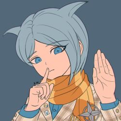 1boy arthasw blue_background blue_eyes blue_hair child closed_mouth danganronpa_(series) danganronpa_another_episode:_ultra_despair_girls frown hair_horns long_sleeves looking_at_viewer male_focus matching_hair/eyes scarf shingetsu_nagisa simple_background solo yellow_scarf