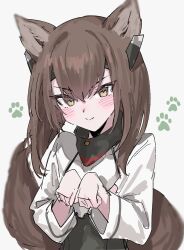Rule 34 | 1girl, animal ears, aogisa, blush, brown eyes, brown hair, commentary request, dog ears, dog girl, dog tail, grey background, hair between eyes, headgear, highres, kantai collection, kemonomimi mode, long sleeves, looking at viewer, paw pose, paw print, simple background, smile, solo, taihou (kancolle), tail, upper body