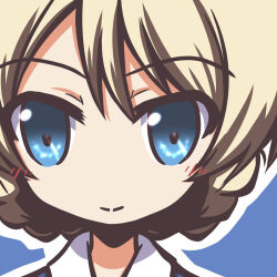 1girl blonde_hair blue_background blue_eyes blue_sweater blush braid chibi closed_eyes darjeeling_(girls_und_panzer) deformed dress_shirt fictional_sister girls_und_panzer hair_between_eyes long_hair looking_at_viewer nape_braid necktie no_nose school_uniform shirt simple_background smile solo st._gloriana&#039;s_school_uniform sweater twin_braids updo upper_body v-neck