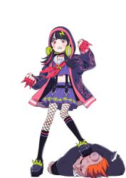1boy 1girl 3am artist_request black_choker black_hair black_jacket black_shirt black_shoes black_socks choker clenched_hands coqui cropped_shirt fingerless_gloves fishnet_pantyhose fishnets gloves green_hair headphones hood hooded_jacket injury jacket kneehighs long_hair midriff multicolored_hair navel neckerchief official_art open_clothes open_jacket orange_hair pantyhose pink_gloves pink_neckerchief pleated_skirt purple_skirt red_eyes sailor_collar scar scar_across_eye scar_on_face school_uniform sharp_teeth shirt shoes skirt socks spiked_knuckles standing_on_person streaked_hair suspenders teeth white_sailor_collar