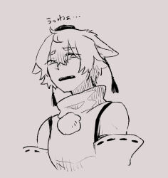 1girl animal_ears commentary_request detached_sleeves ears_down hat inubashiri_momiji looking_at_viewer min.k monochrome open_mouth pom_pom_(clothes) ribbon-trimmed_sleeves ribbon_trim short_hair solo tokin_hat touhou translation_request wolf_ears