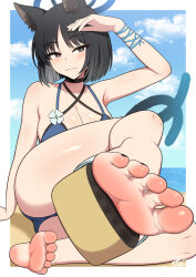 1girl animal_ears barefoot beach bikini black_eyes black_hair blue_archive blush cat_ears cat_tail feet highres j-kisarazu kikyou_(blue_archive) kikyou_(swimsuit)_(blue_archive) looking_at_viewer medium_hair multiple_tails sandals shoes single_shoe smile soles swimsuit tail toes two_tails